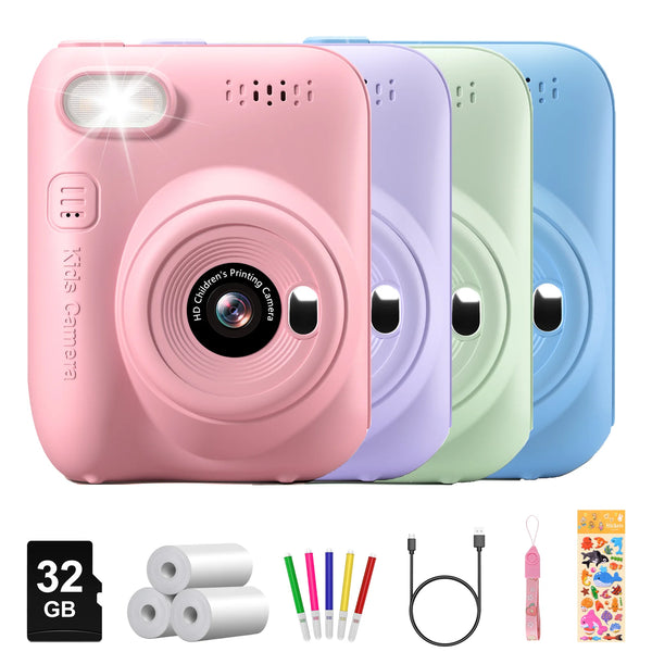 Appareil Photo Imprimante Thermique DIY — 5 Stylos Couleur + Stickers Inclus, Carte SD 32 Go, Cube Pastel pour Enfant Créatif
