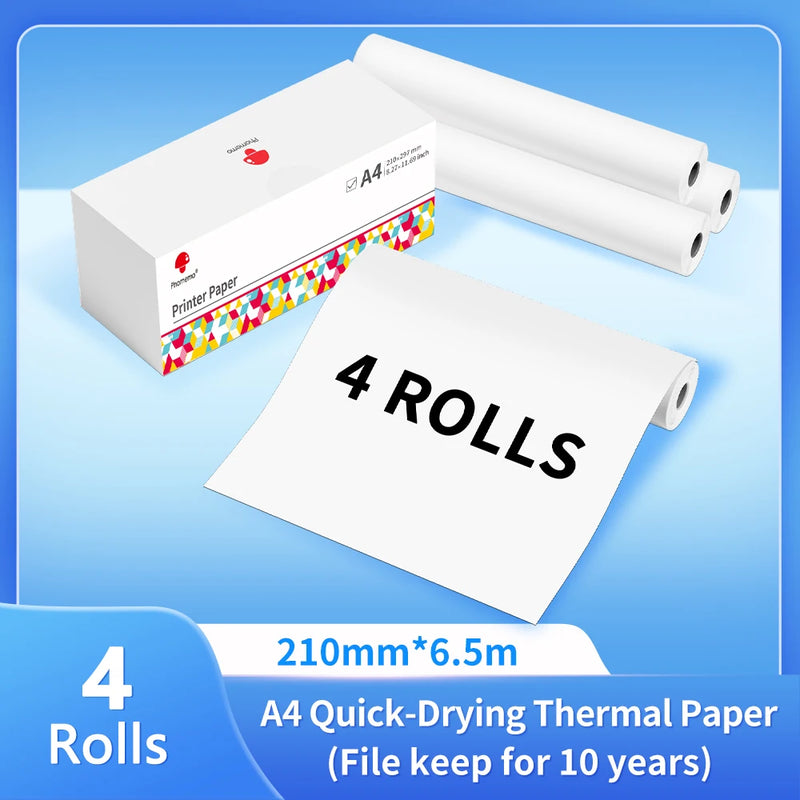 Boîte de papier thermique A4 et quatre rouleaux de 210 mm sur 6,5 m, feuille imprimée dépliée au premier plan