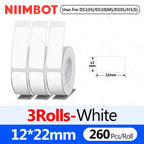 Trois rouleaux d'étiquettes blanches au format 12 x 22 mm, 260 étiquettes par rouleau, avec schéma coté