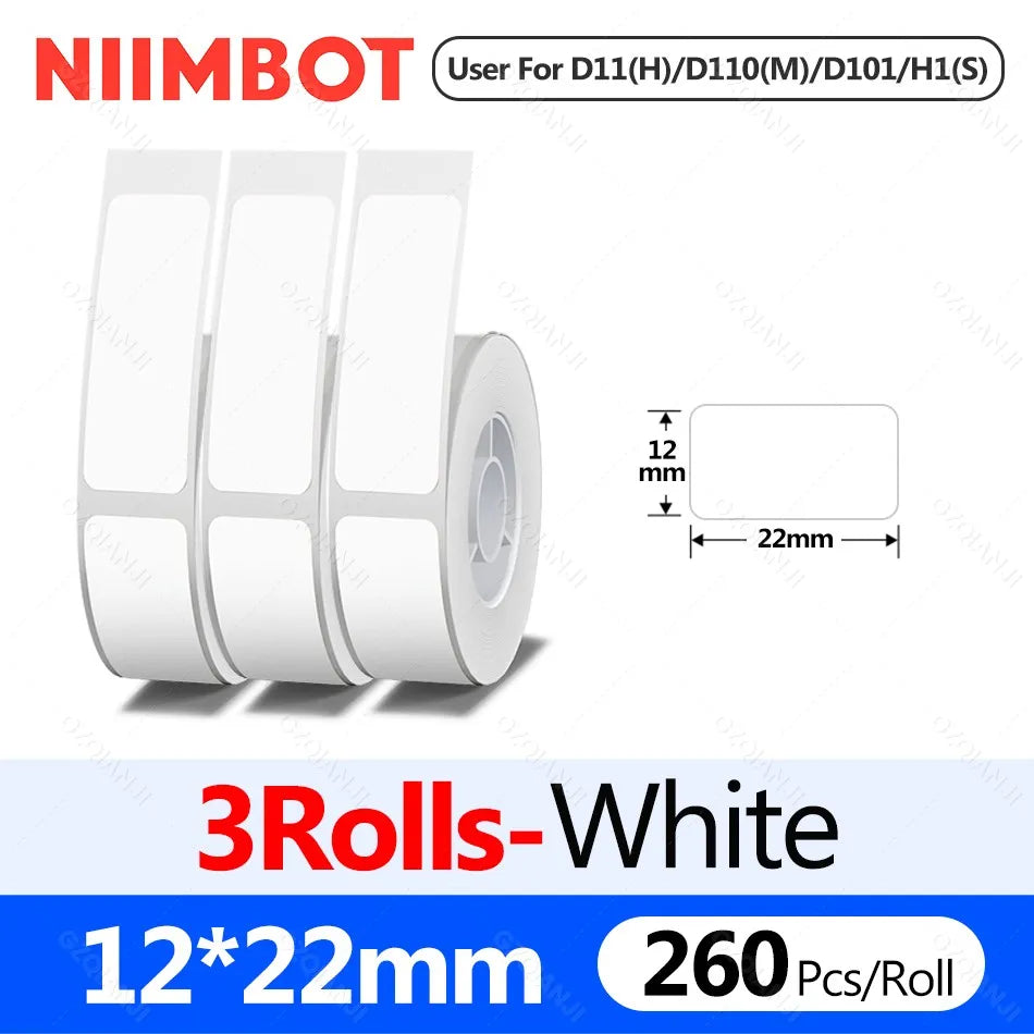 Trois rouleaux d'étiquettes blanches au format 12 x 22 mm, 260 étiquettes par rouleau, avec schéma coté
