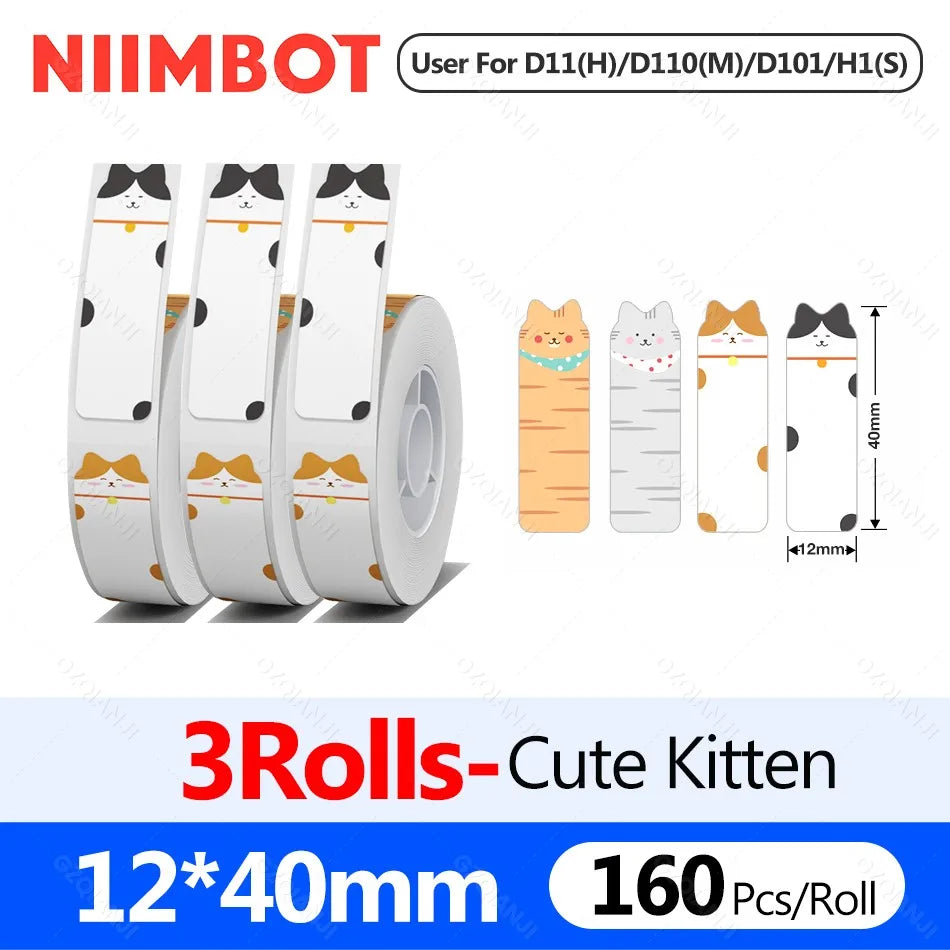 Trois rouleaux d'étiquettes à motifs de chatons, format 12 x 40 mm, 160 étiquettes par rouleau