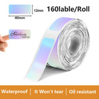 Rouleau d'étiquettes holographiques irisées déroulé, coté 12 sur 40 mm, 160 étiquettes par rouleau