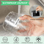Verre transparent rincé sous l'eau du robinet sous le bandeau Waterproof Oilproof, l'étiquette Dad's Cup restant parfaitement collée