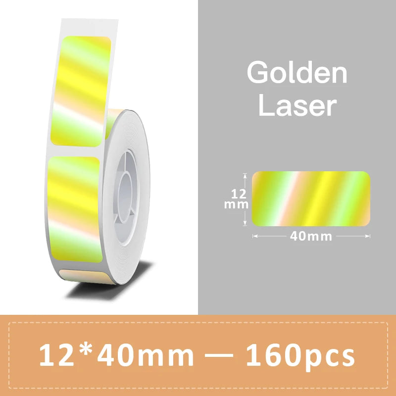 Rouleau d'étiquettes Golden Laser aux reflets jaunes et verts, avec un échantillon coté 40 x 12 mm