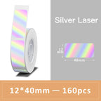 Rouleau d'étiquettes laser argentées aux reflets irisés, format 12x40 mm annoncé à 160 pièces