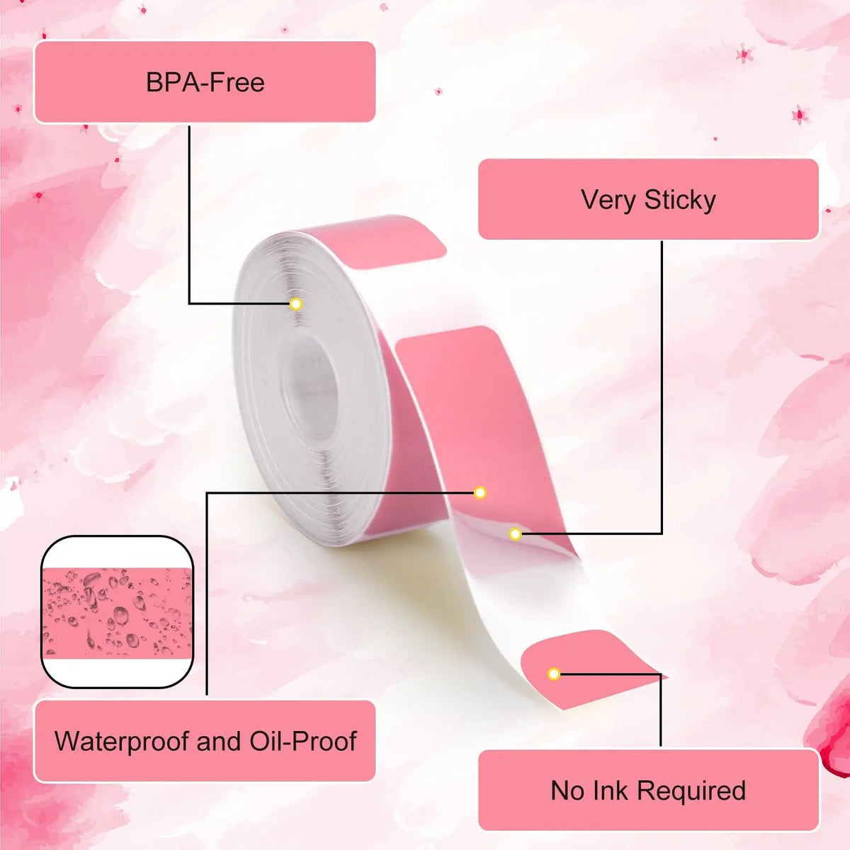 Rouleau d'étiquettes roses et ses quatre mentions : BPA-Free, Very Sticky, Waterproof and Oil-Proof et No Ink Required