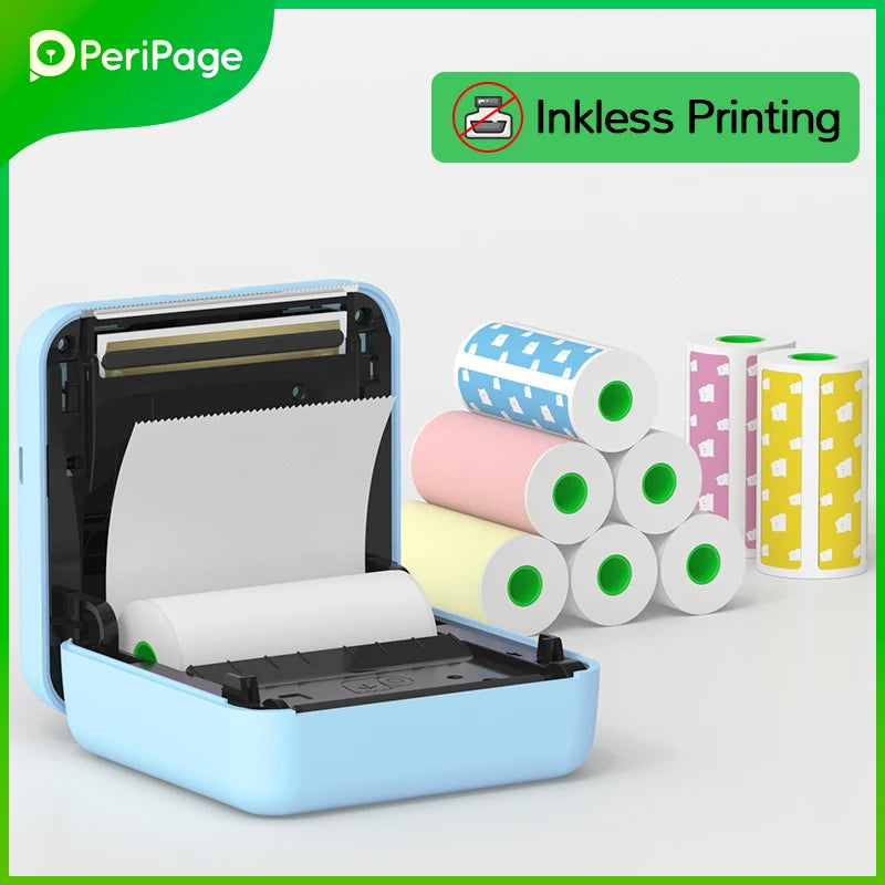 Mini imprimante bleue ouverte sur son rouleau de papier thermique, entourée de recharges à motifs