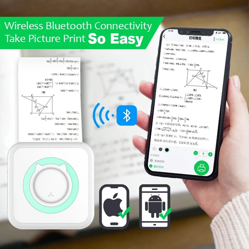 Main tenant un smartphone qui affiche l'aperçu d'une page d'exercices, relié en Bluetooth à la mini imprimante à anneau vert