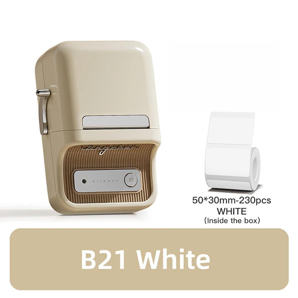 Imprimante B21 beige à façade dorée, seule, avec le rouleau de 230 étiquettes 50 x 30 mm fourni dans la boîte