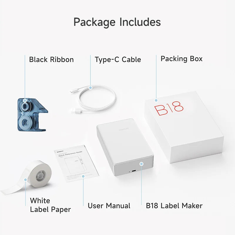 Contenu du coffret présenté à plat : imprimante, ruban carbone noir, câble USB-C, rouleau d'étiquettes et notice