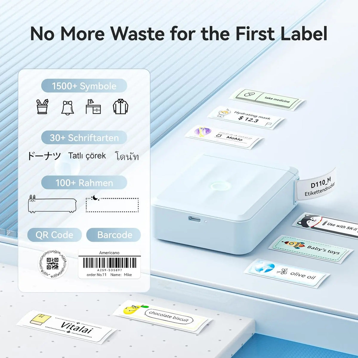 Panneau des contenus imprimables : plus de 1500 symboles, 30 polices et 100 cadres, plus QR code et code-barres