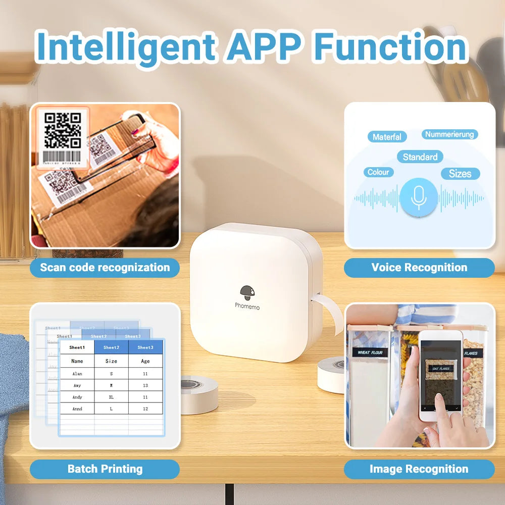 Fonctions de l'application : lecture de QR code, reconnaissance vocale, impression par lots et images