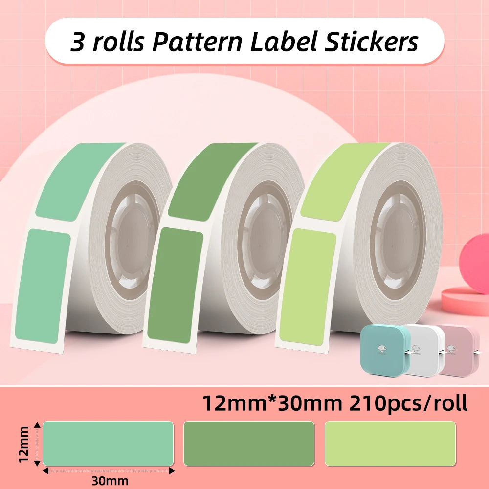 Trois rouleaux d'étiquettes vert menthe, vert sauge et vert anis, format 12 x 30 mm, 210 pièces par rouleau