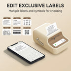 Six types d'étiquettes éditables : texte, tableau, icône, image, code-barres et QR code, imprimante et téléphone
