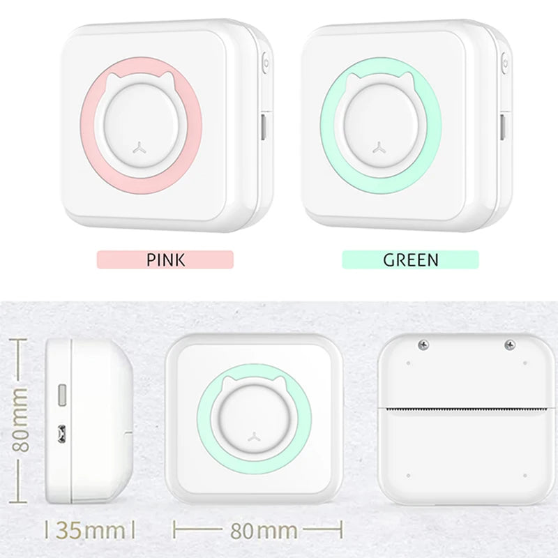 Coloris PINK et GREEN de la mini imprimante, avec vues de profil, de face et de dos cotées 80 mm et 35 mm