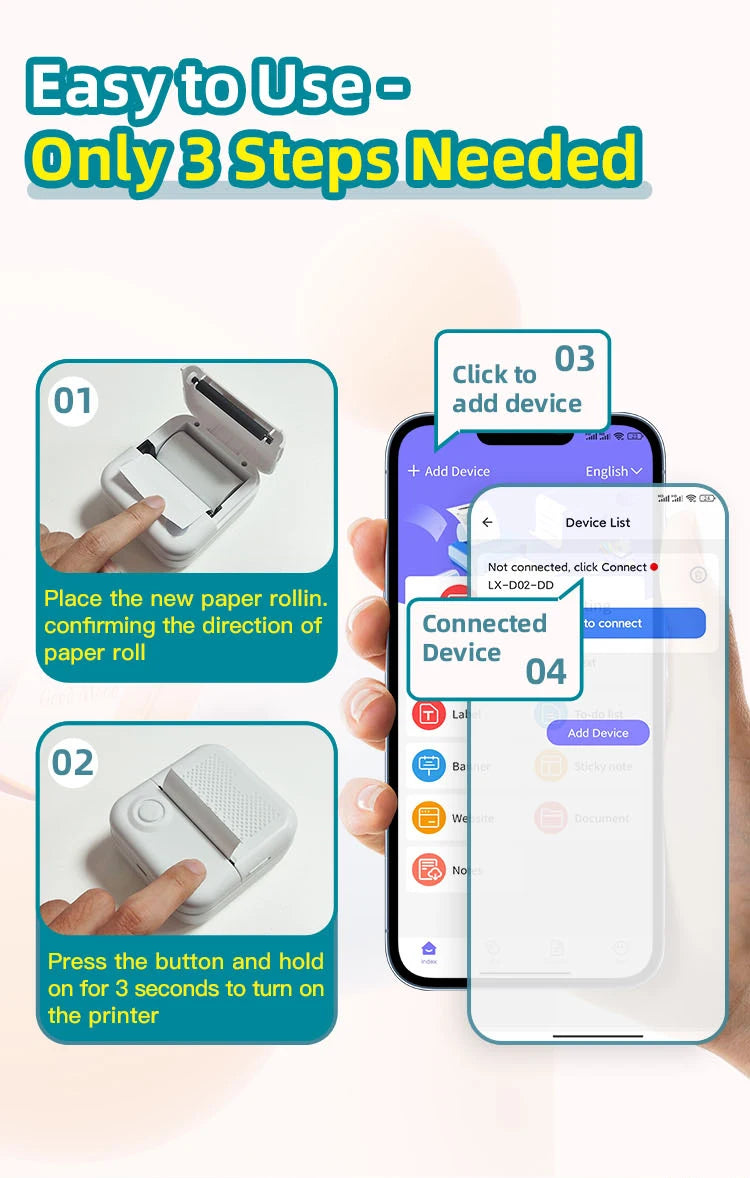 Trois étapes illustrées : insertion du rouleau, appui de 3 secondes, puis appairage dans l'application