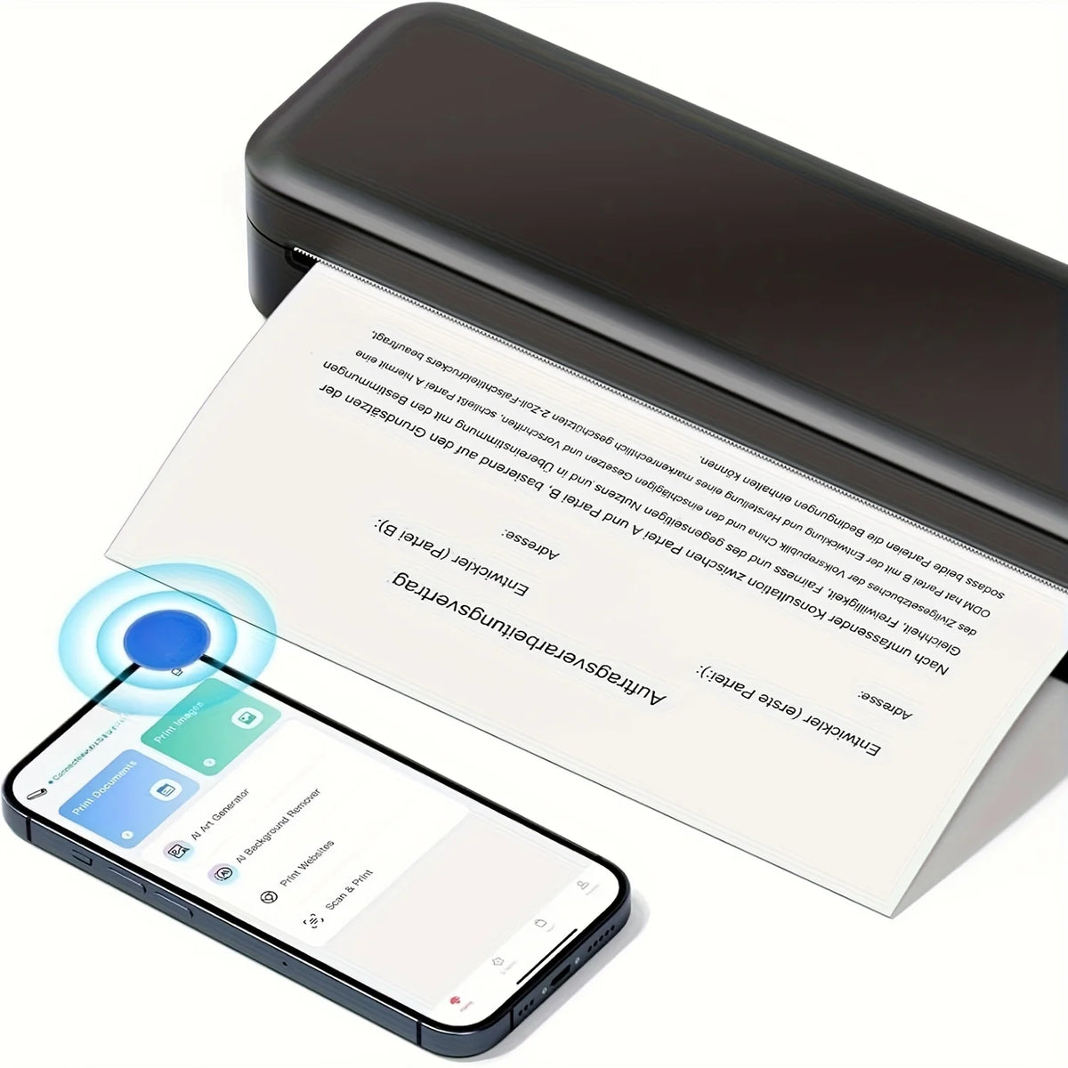 Imprimante noire sortant un contrat imprimé en allemand, connectée sans fil au smartphone posé devant