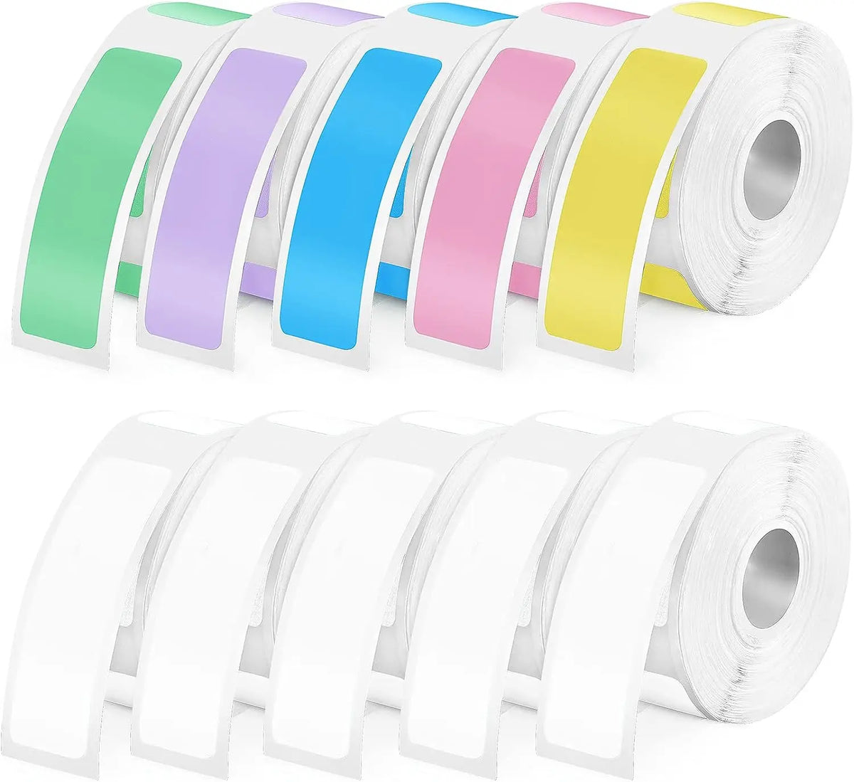 Deux rangées de rouleaux : en haut cinq bandes pastel vert, violet, bleu, rose et jaune, en bas des rouleaux blancs