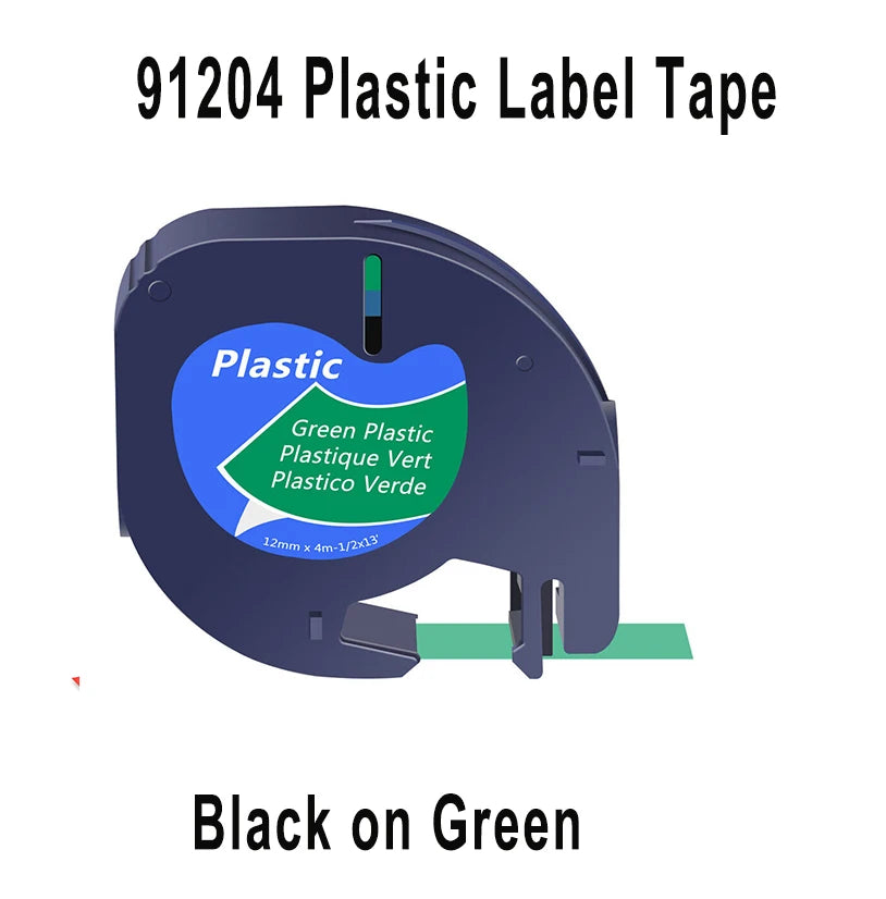 Cassette de bande plastique verte référencée 91204, avec un extrait de ruban et la mention Black on Green