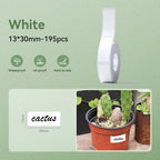 Rouleau d'étiquettes blanches 13 x 30 mm et pot de cactus portant une étiquette au mot cactus manuscrit