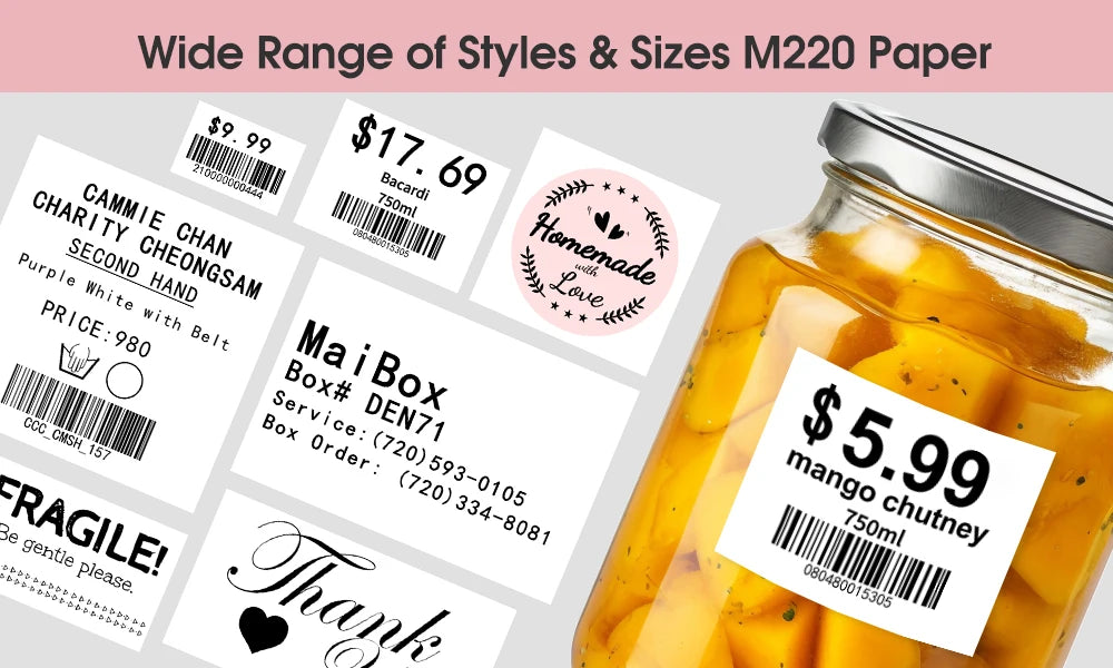 Étiquettes variées : code-barres et prix, mention Fragile, remerciement, et bocal de chutney étiqueté