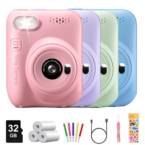 Quatre appareils photo enfant rose, violet, vert et bleu alignés, avec carte 32 Go, feutres et stickers