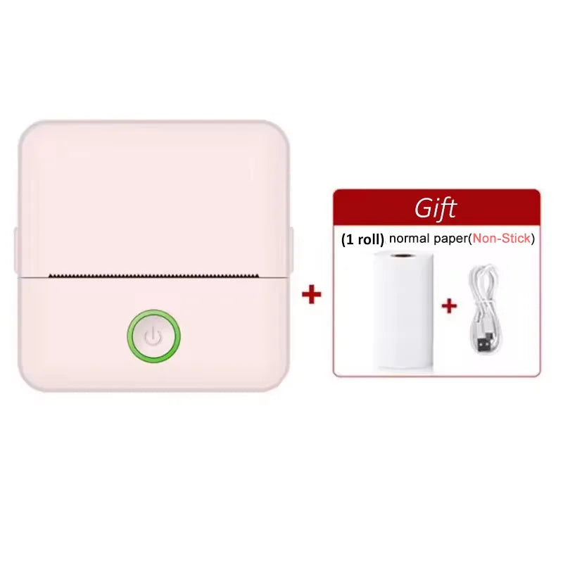 Imprimante thermique rose seule avec l'encart cadeau : un rouleau de papier et un câble de recharge