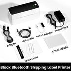 Version noire sous le bandeau Black Bluetooth Shipping Label Printer : imprimante, bloc secteur, câble USB, adaptateur USB-C, guide et 10 étiquettes 4x6