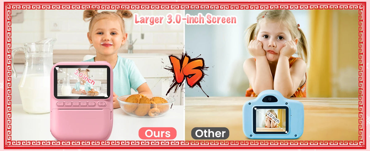 Comparatif d'écrans : fillette utilisant l'appareil rose 3 pouces face à un petit modèle bleu