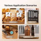 Quatre scènes d'usage : prix de viennoiseries, classeurs de bureau, étiquette cadeau et flacons de salle de bain