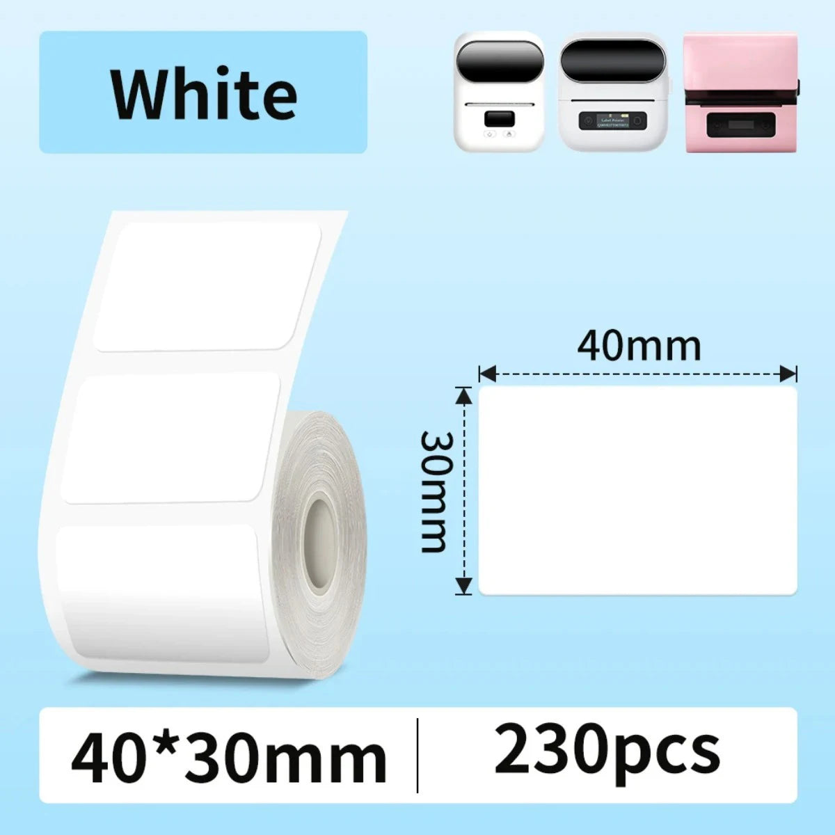 Rouleau d'étiquettes blanches rectangulaires cotées 40 x 30 mm, conditionnement de 230 pièces sur fond bleu