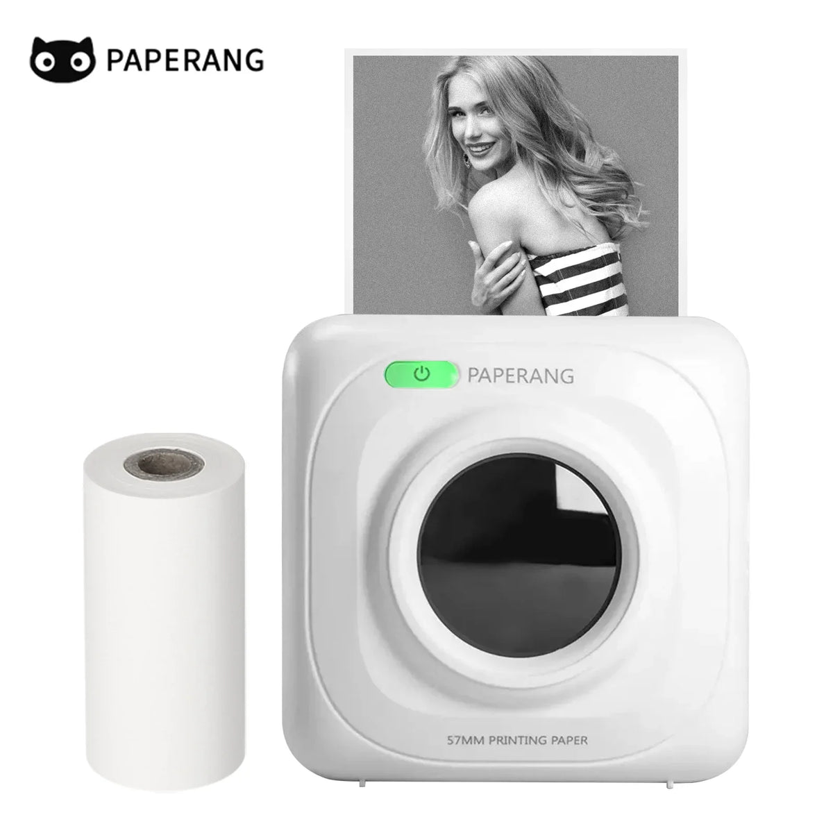 Imprimante blanche PAPERANG avec son logo chat, tirage photo noir et blanc en sortie et rouleau de papier à gauche