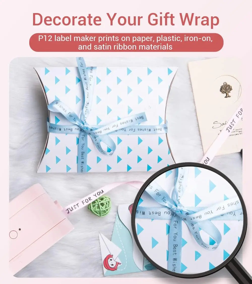 Paquet cadeau noué d'un ruban satin imprimé, examiné à la loupe, sous le titre Decorate Your Gift Wrap