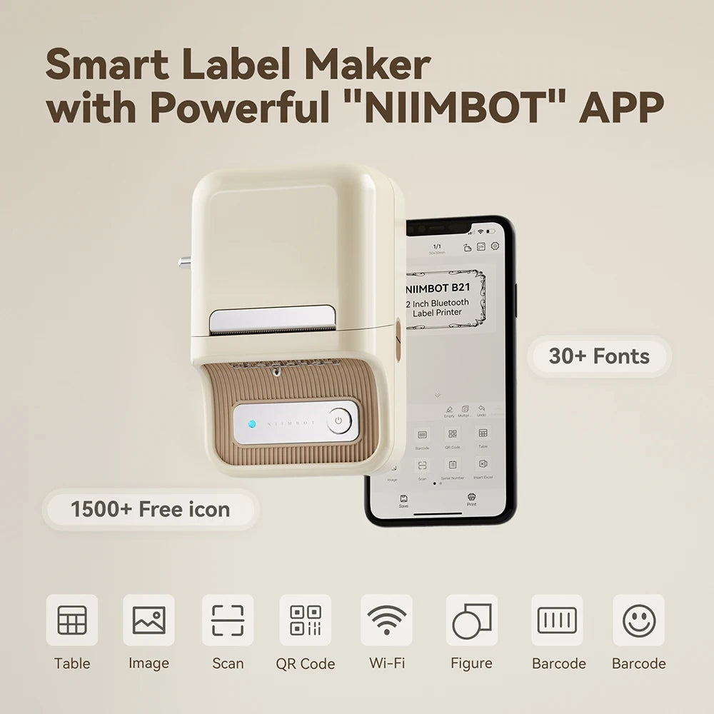 Imprimante ivoire devant un téléphone affichant l'application, et pictogrammes tableau, image, scan et QR code