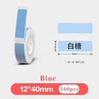Rouleau d'étiquettes thermiques bleues 12x40 mm et étiquette imprimée présentée à côté, lot de 160