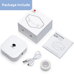 Contenu du coffret : imprimante blanche, sa boîte, câble USB, rouleau d'étiquettes et notice