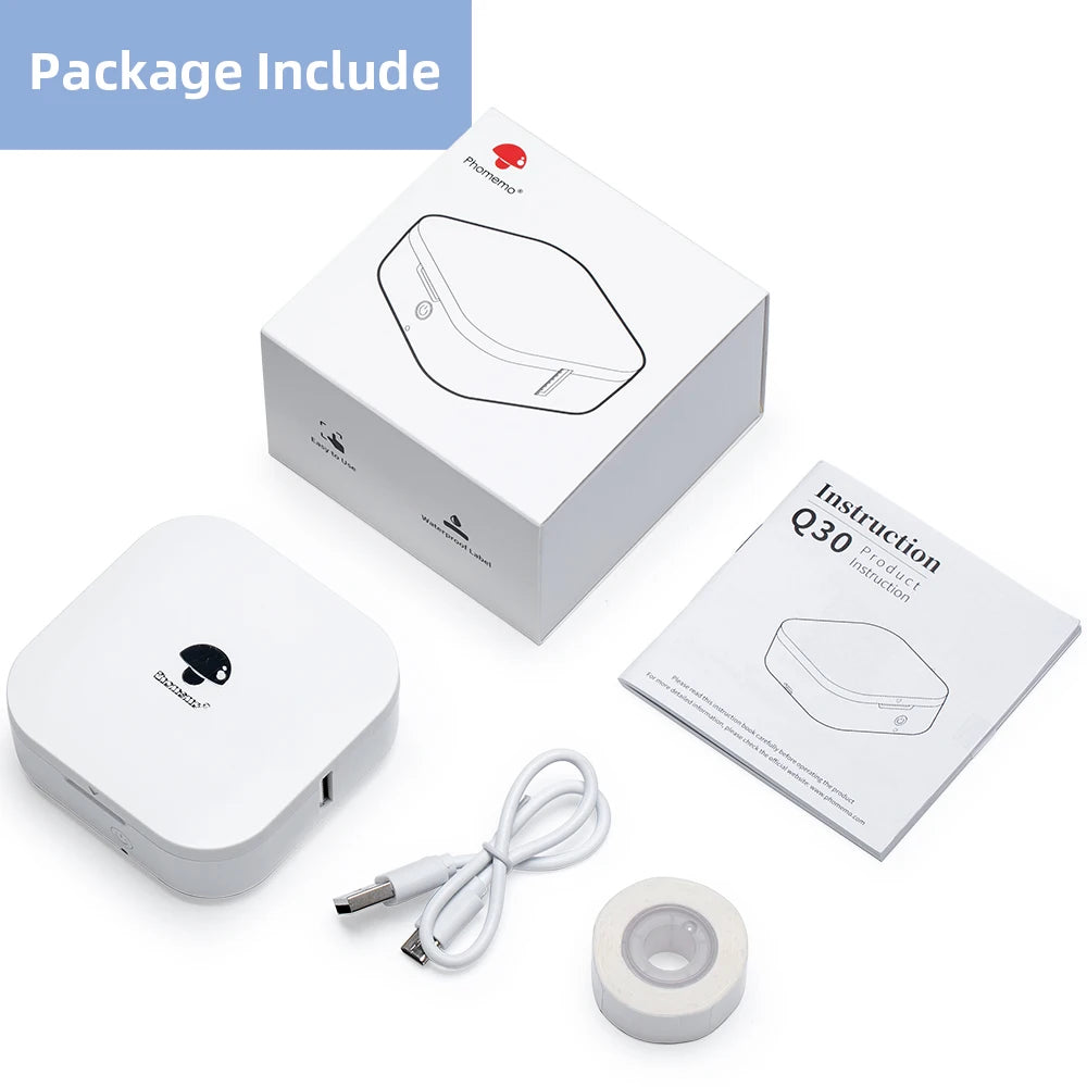 Contenu du coffret : imprimante blanche, sa boîte, câble USB, rouleau d'étiquettes et notice
