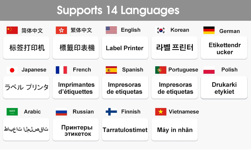 Tableau des 14 langues prises en charge, du français au japonais en passant par l'arabe et le russe