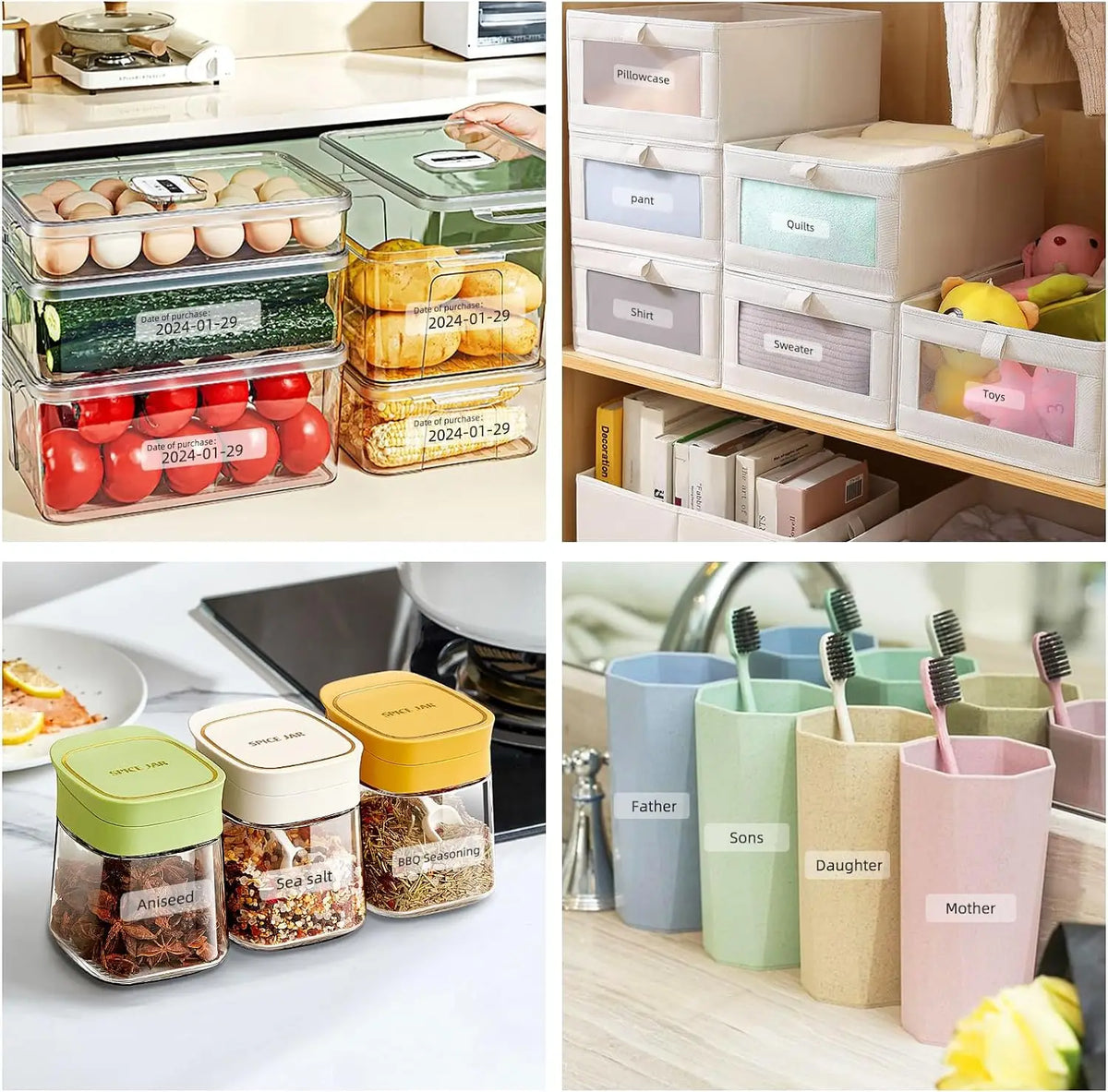 Montage de rangements étiquetés : bacs de frigo, bocaux à épices et gobelets colorés dans une cuisine