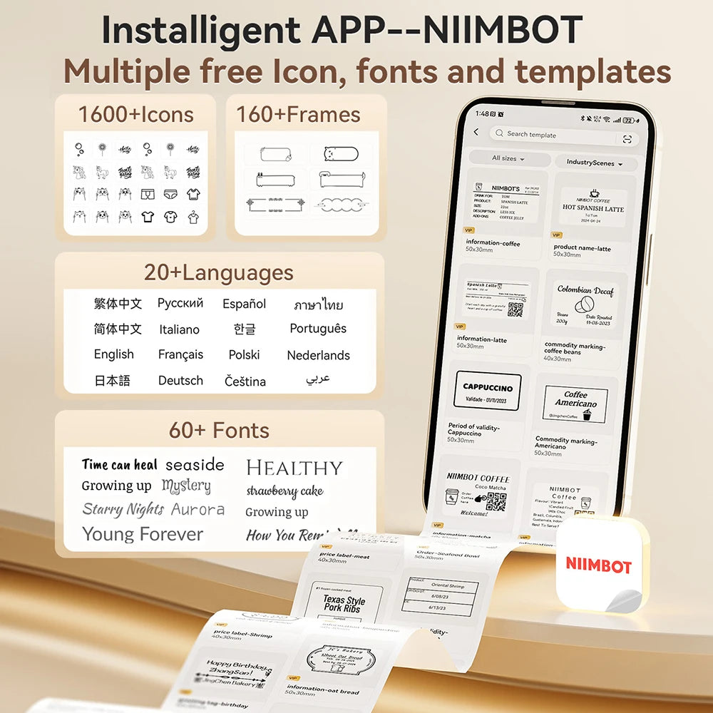 Écran d'application affichant 1600 icônes, 160 cadres, 20 langues et 60 polices, près d'une bande d'étiquettes