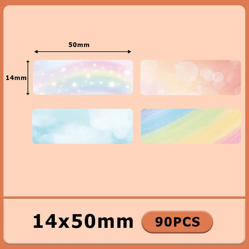 Quatre étiquettes 14 x 50 mm aquarelle : arc-en-ciel étoilé, ciel rose, nuages bleus et bandes colorées