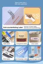 Sept familles d'étiquettes : anti-contrefaçon à effet VOID, câble, transparente, couleur, blanche, dorure et azote liquide