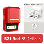 Imprimante B21 rouge et deux rouleaux d'étiquettes 50 x 50 mm, avec l'exemple « Cherry Liqueur » imprimé