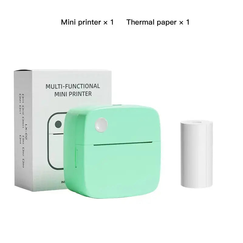 Imprimante vert menthe sous la mention « Mini printer x 1, Thermal paper x 1 », posée entre sa boîte et un unique rouleau de papier thermique
