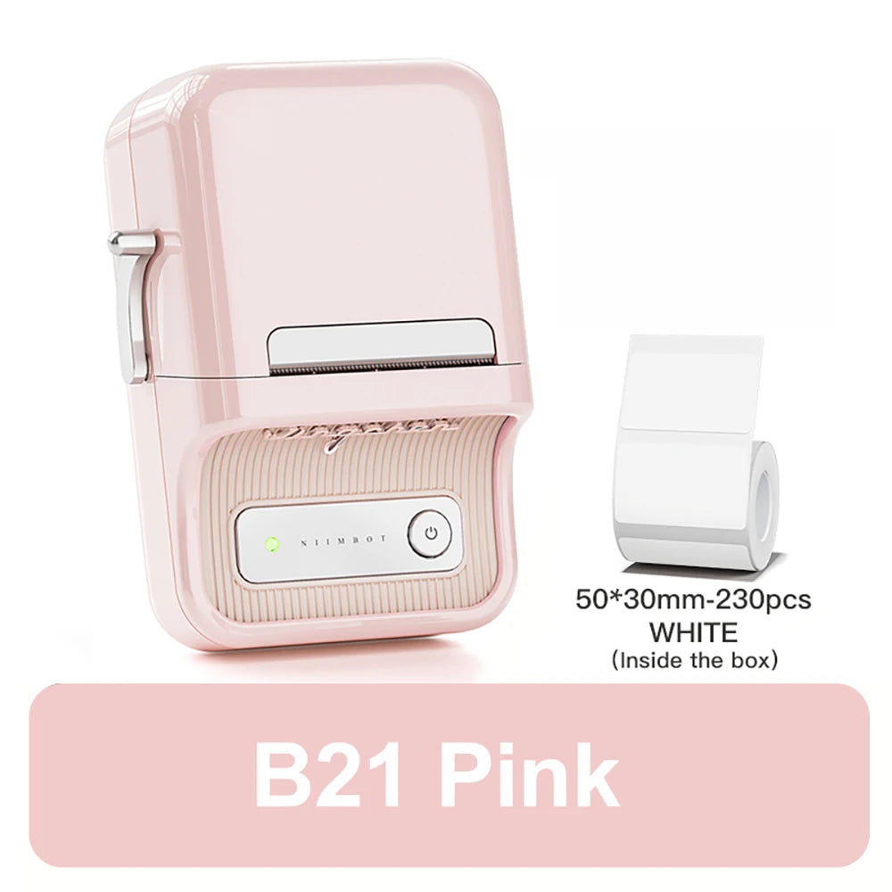 Imprimante B21 rose pâle seule, accompagnée du rouleau de 230 étiquettes blanches 50 x 30 mm fourni