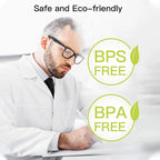 Homme en blouse blanche penché sur un document, avec les mentions BPS Free et BPA Free