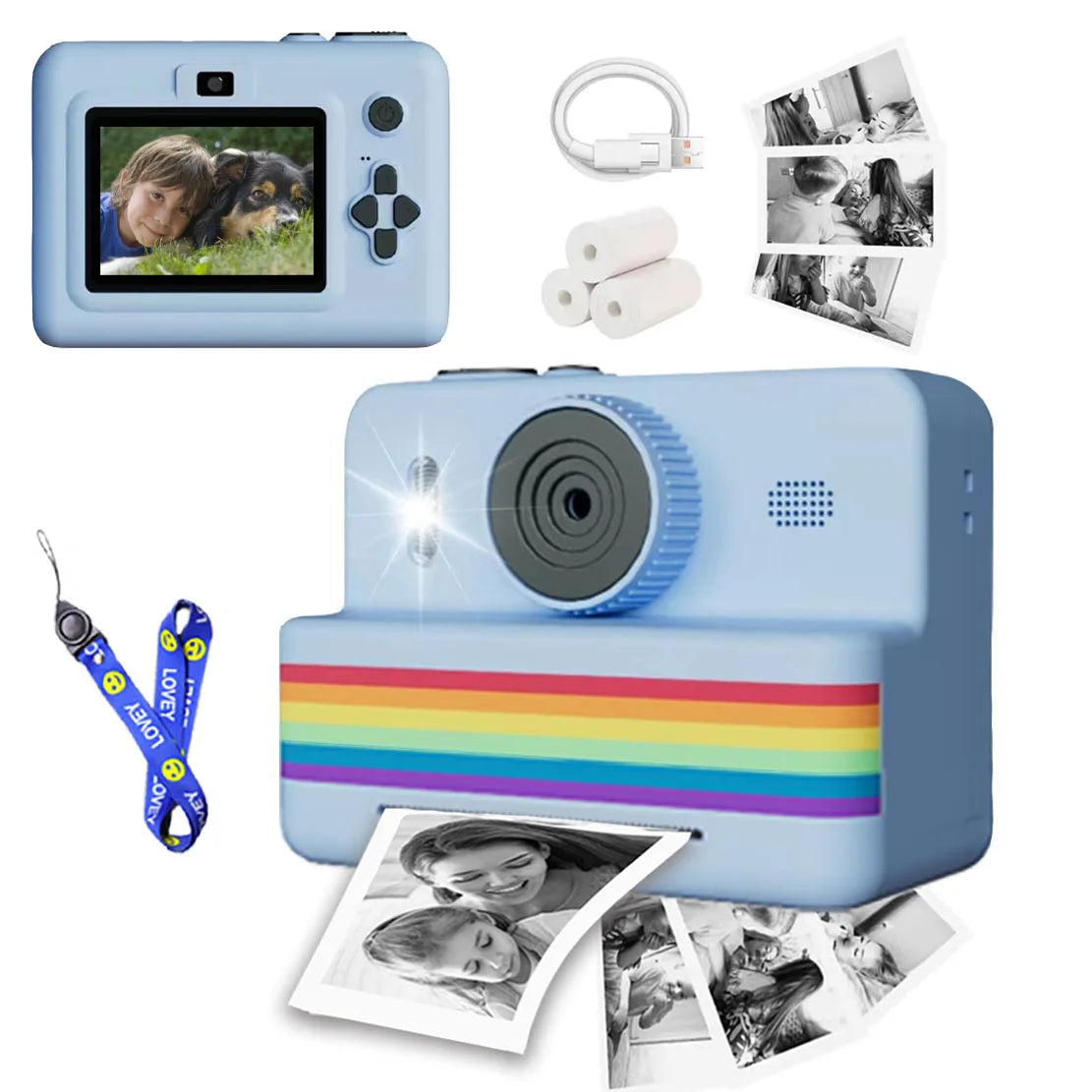 Appareil photo bleu ciel avec dragonne bleue, câble USB, rouleaux de papier et photos en noir et blanc