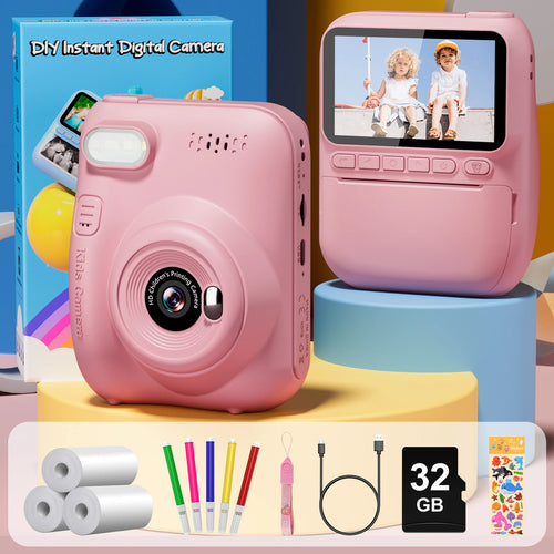 Appareil photo enfant rose de face et de dos, écran allumé, devant sa boîte et ses accessoires