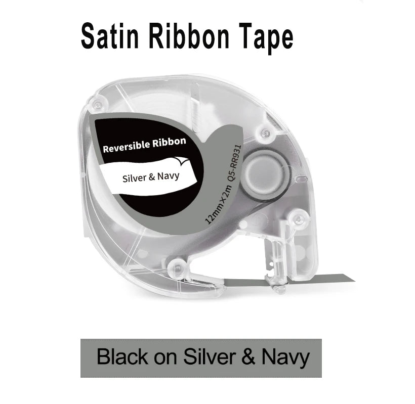 Cassette de ruban satin réversible Silver & Navy référencée Q5-RR931, pour une impression noire sur argent et bleu marine