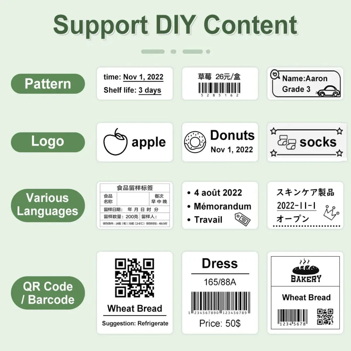 Grille d'exemples imprimés : dates, logos apple et Donuts, textes en plusieurs langues, QR code et code-barres
